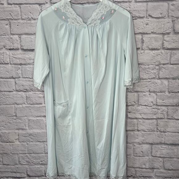Vintage Shadowline Satin Nylon Short Sleeve Robe Size S Blue Lace Housecoat - Picture 1 of 8